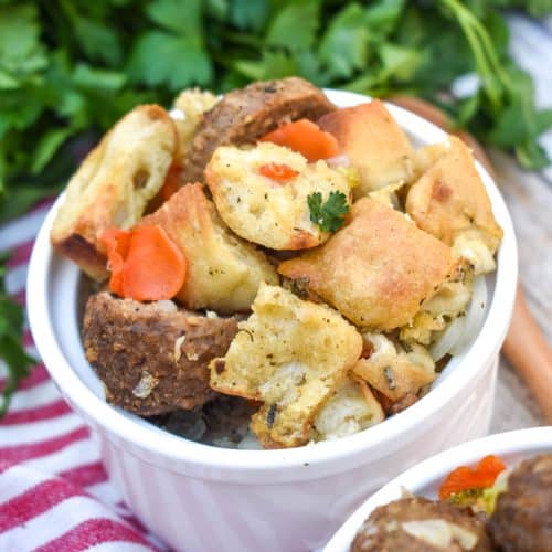 ciabatta meatball stuffing in two white ramekins