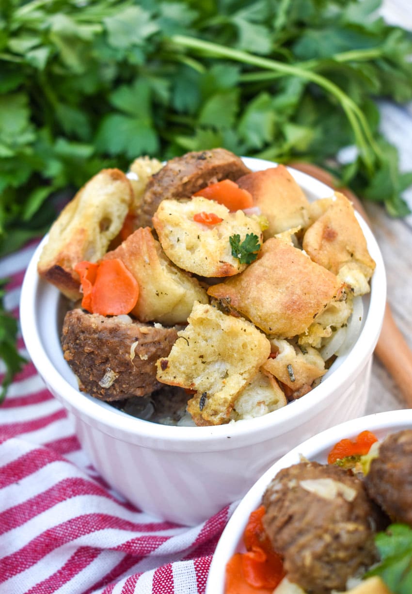 ciabatta meatball stuffing in two white ramekins