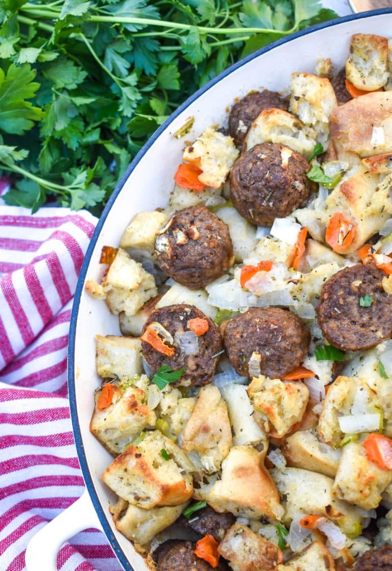 ciabatta meatball stuffing in a large cast iron skillet
