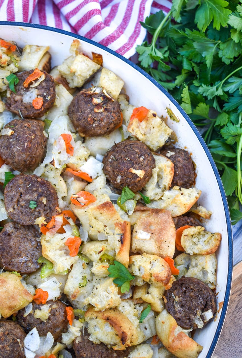 ciabatta meatball stuffing in a large cast iron skillet