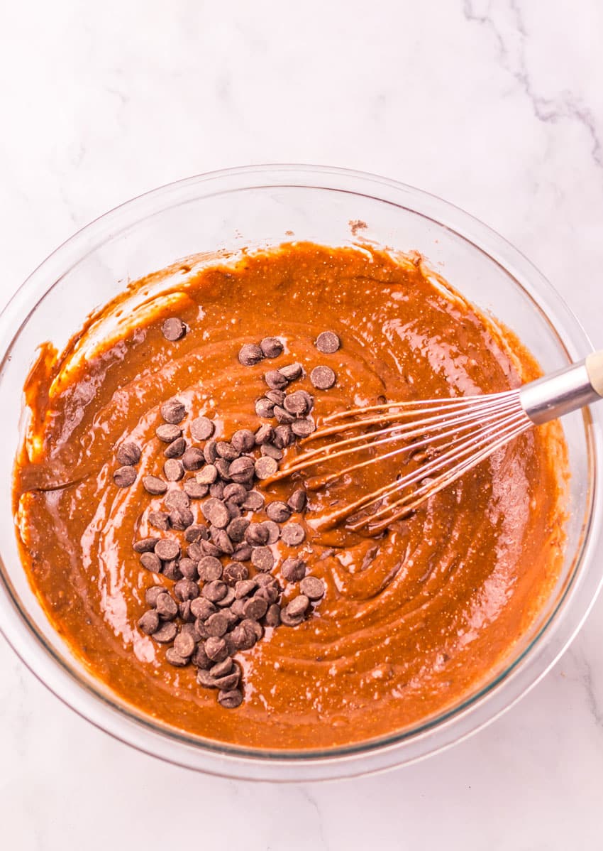 homemade chocolate muffin batter in a glass mixing bowl