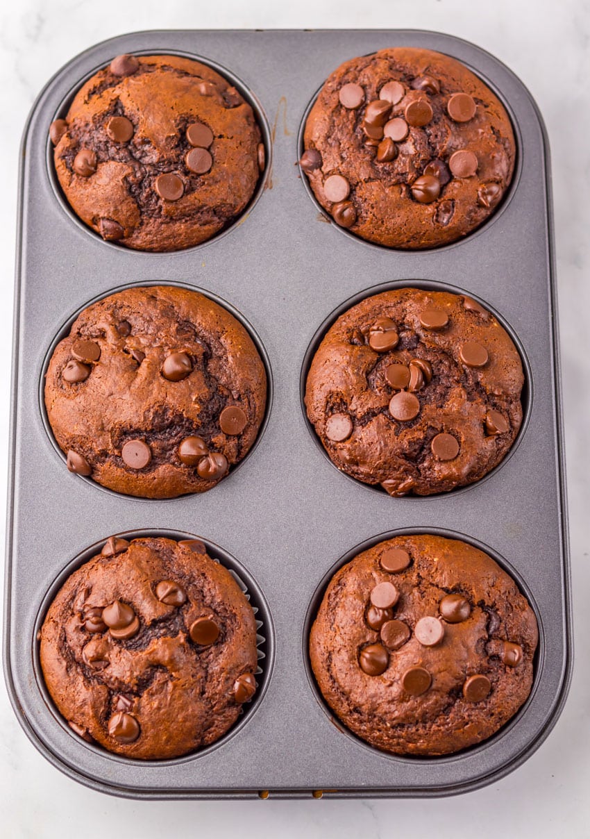 homemade double chocolate chunk muffins in a metal muffin pan
