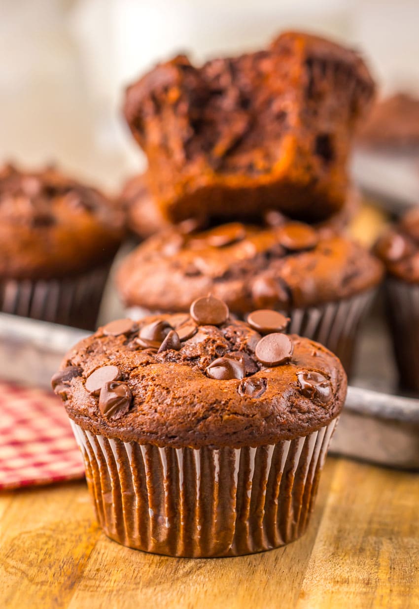 double chocolate chunk muffins on a metal tray
