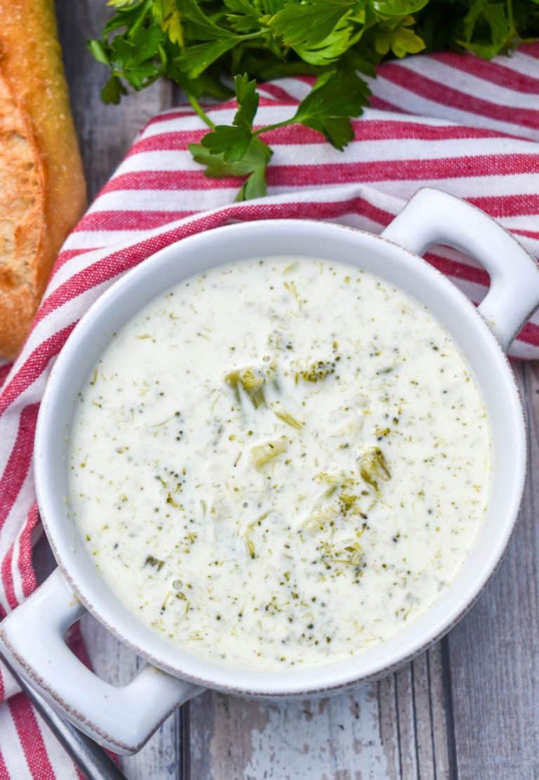 cream of broccoli soup in a small gray bowl