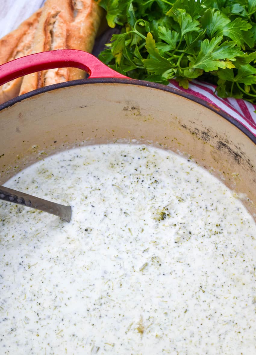 cream of broccoli soup in a large red dutch oven
