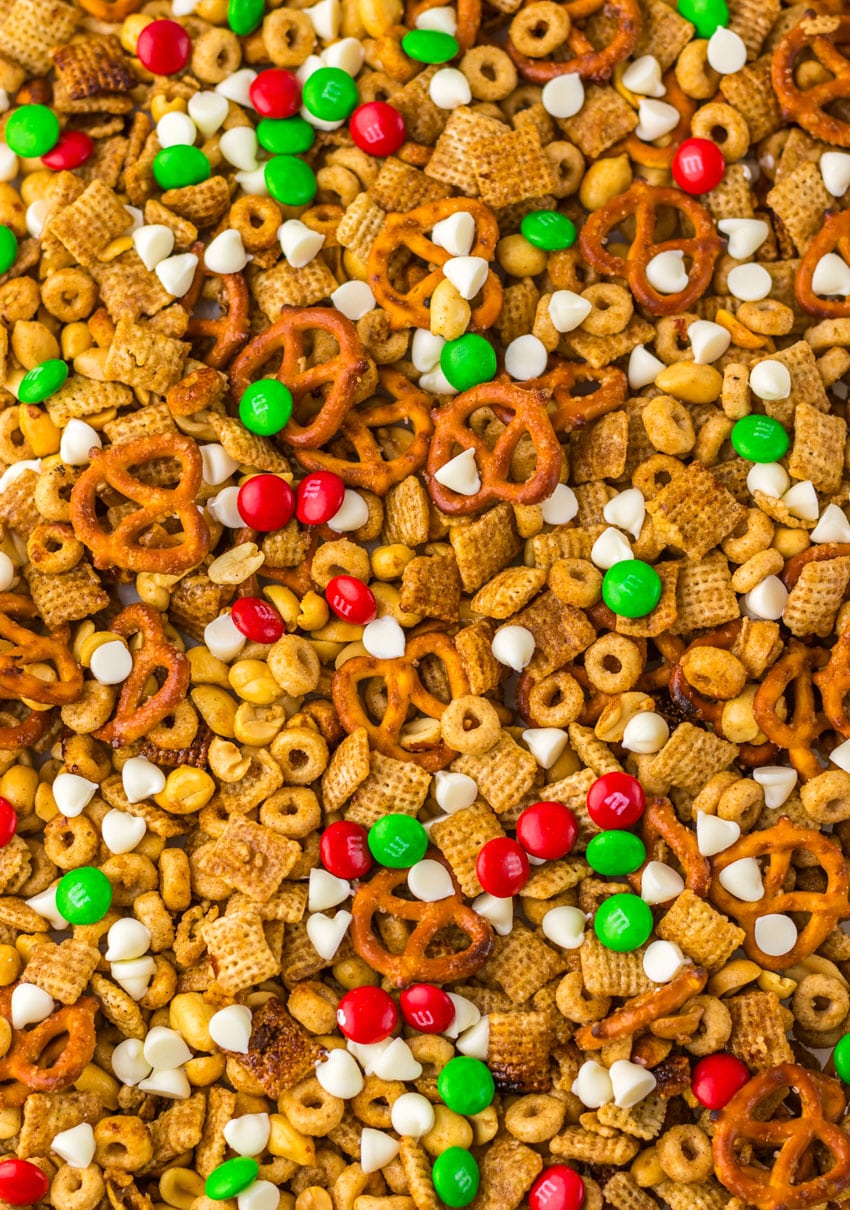 a close up of homemade christmas chex mix