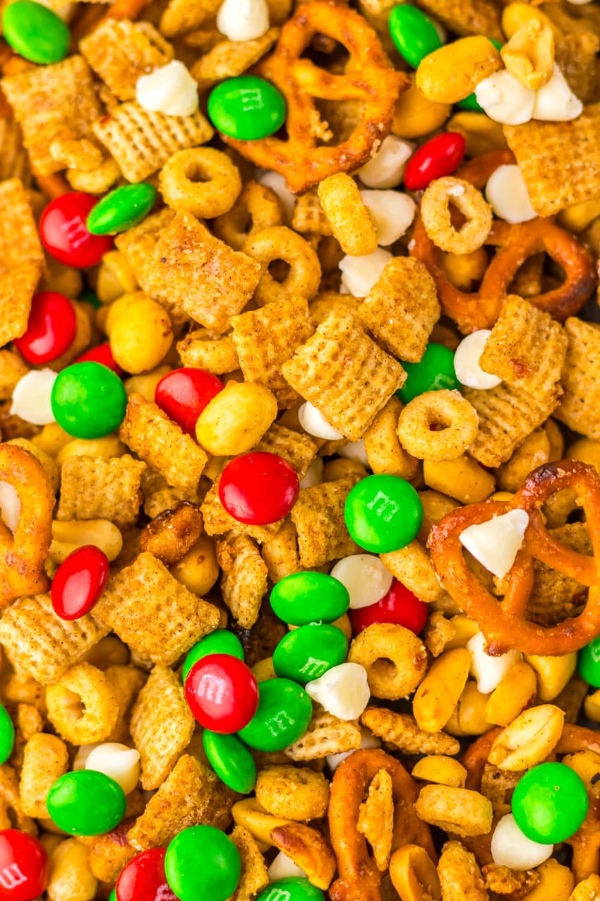 a close up of homemade christmas chex mix