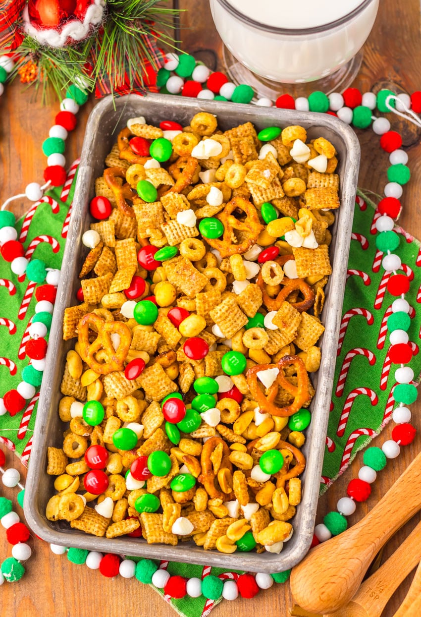 slow cooker christmas chex mix in a metal tray