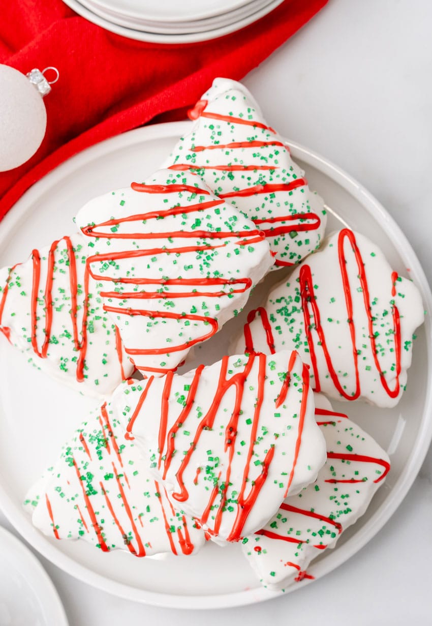 copycat little debbie christmas trees stacked on a white plate