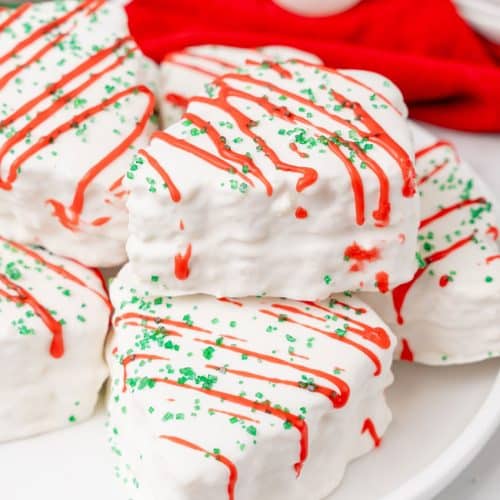 copycat little debbie christmas trees stacked on a white plate