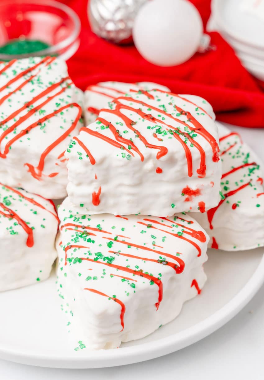 copycat little debbie christmas trees stacked on a white plate