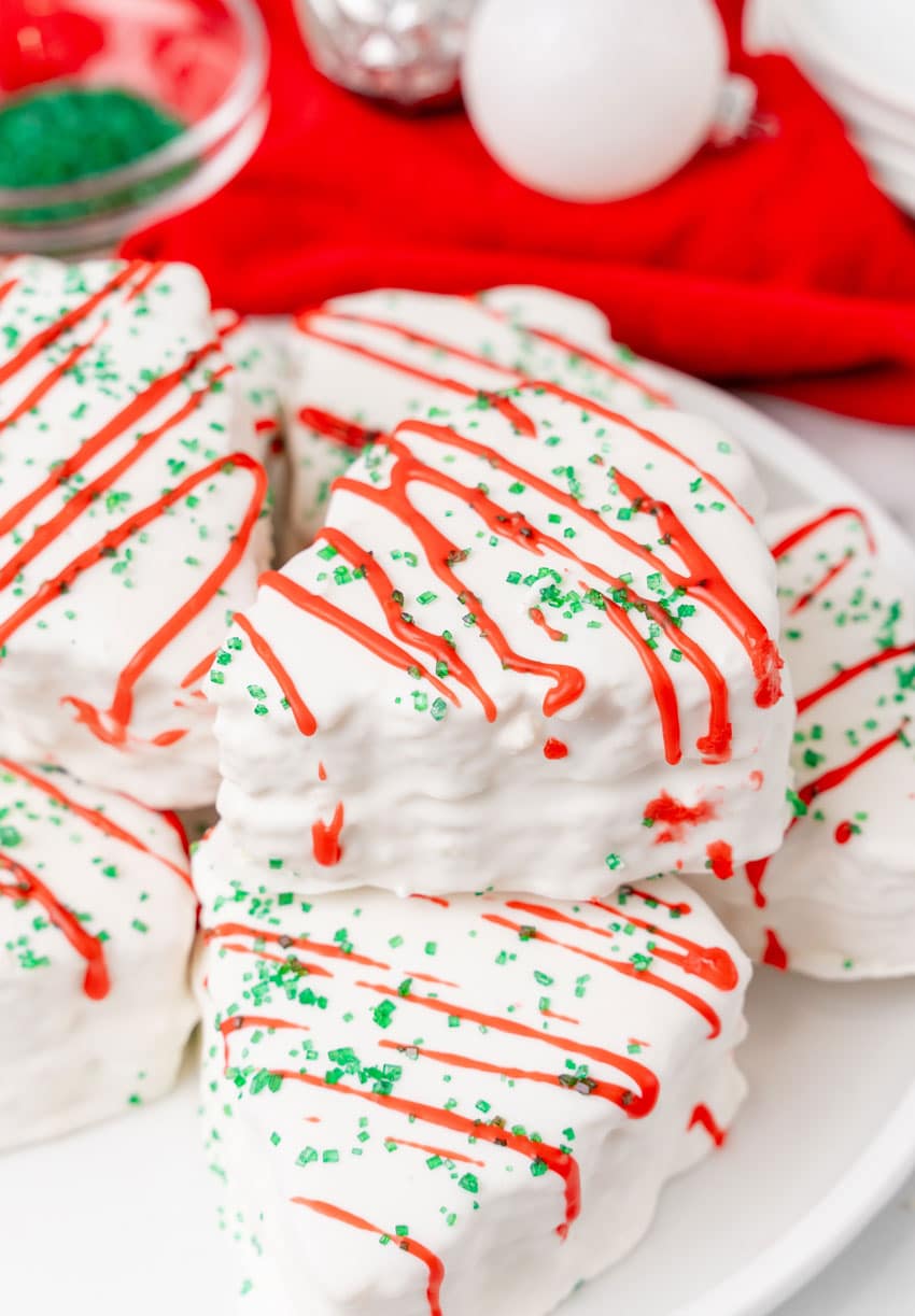 copycat little debbie christmas trees stacked on a white plate