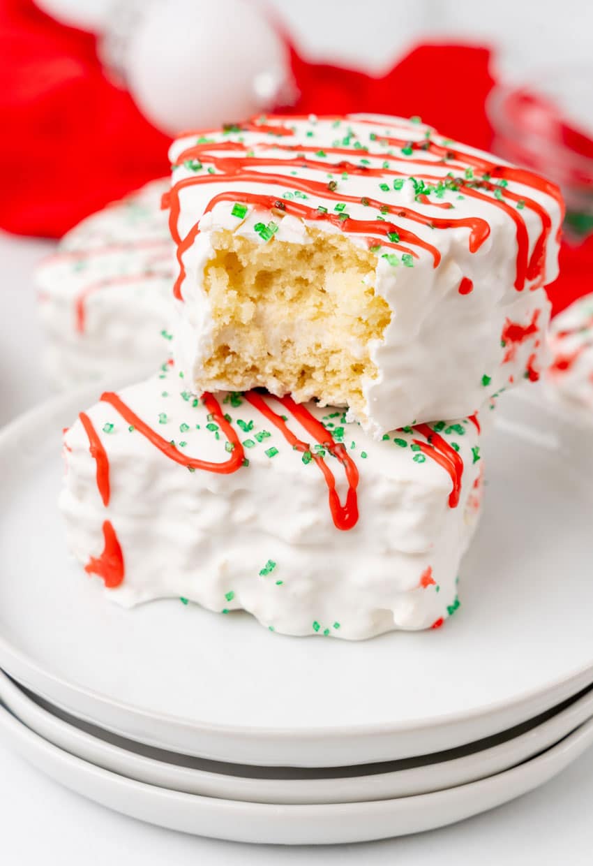 copycat little debbie christmas trees stacked on a white plate