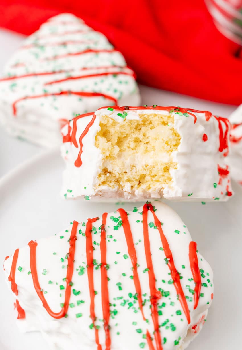 copycat little debbie christmas trees stacked on a white plate