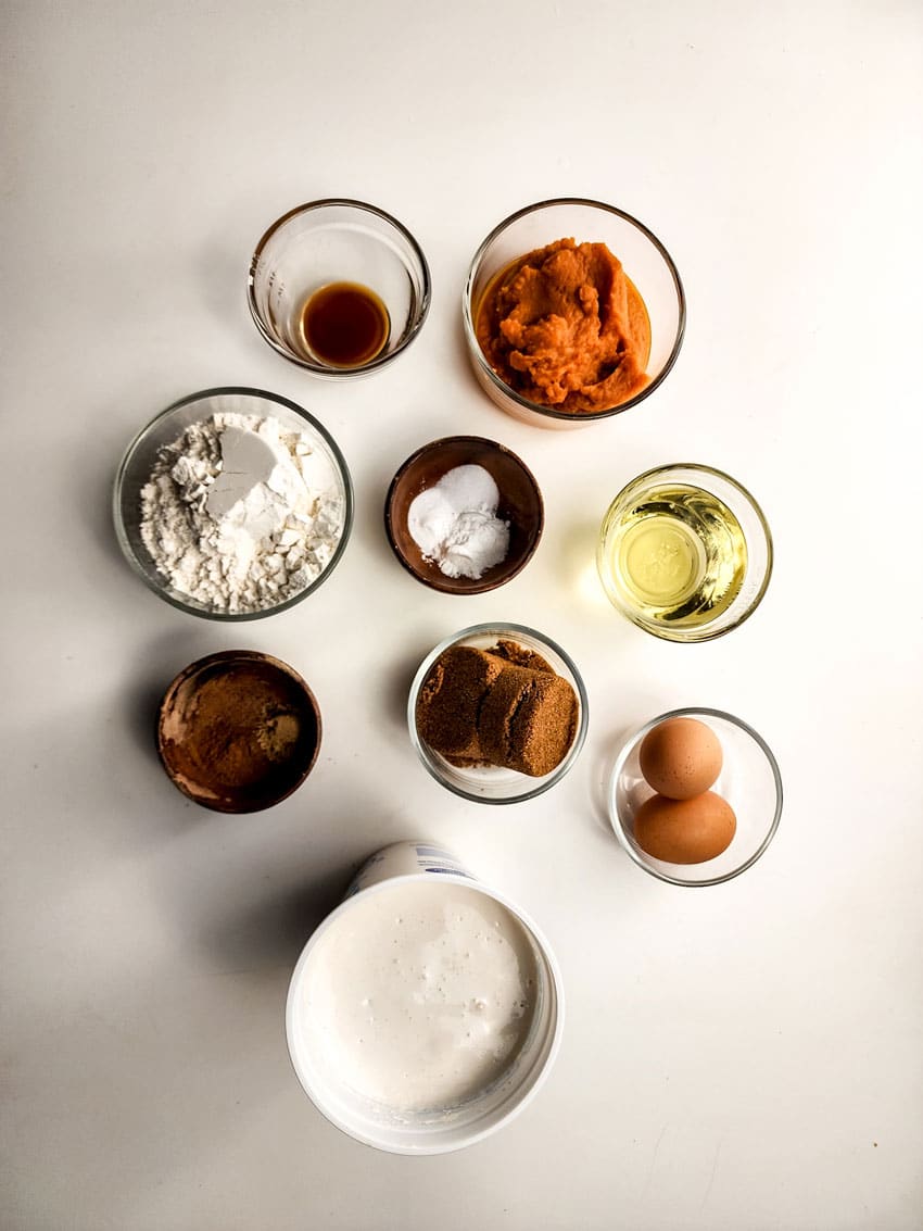 an overhead image showing the measured ingredients needed to make a batch of sweet potato cupcakes