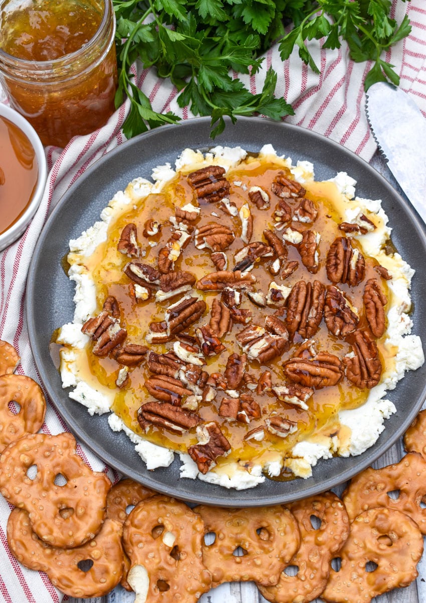 boursin cheese holiday party spread on a blue plate