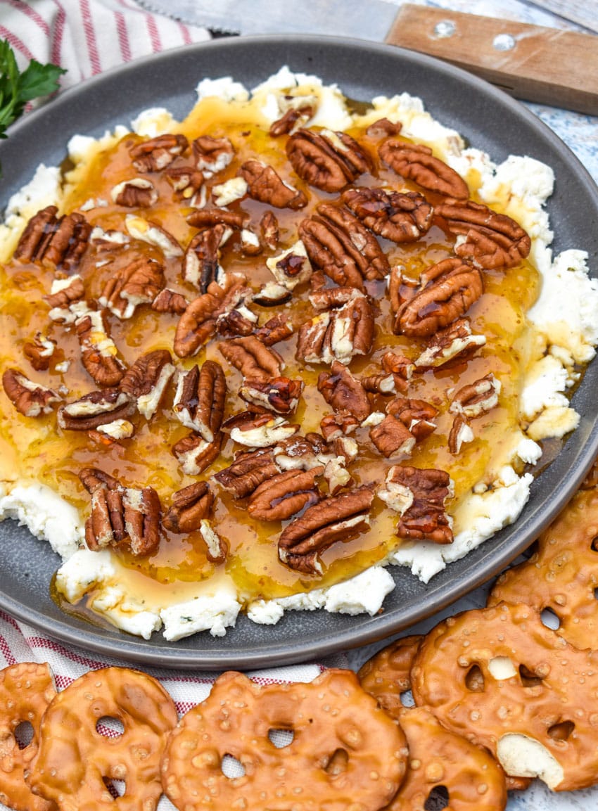 boursin cheese holiday party spread on a blue plate