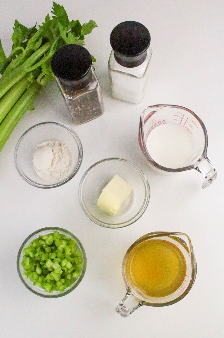 an overhead image showing the measured ingredients needed to make a batch of homemade condensed cream of celery soup