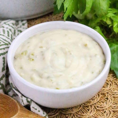 homemade condensed cream of celery soup in a small white bowl