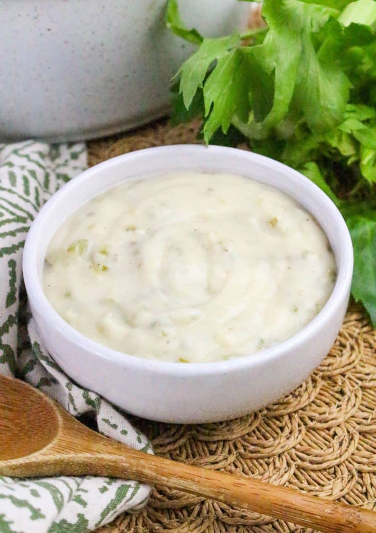 homemade condensed cream of celery soup in a small white bowl