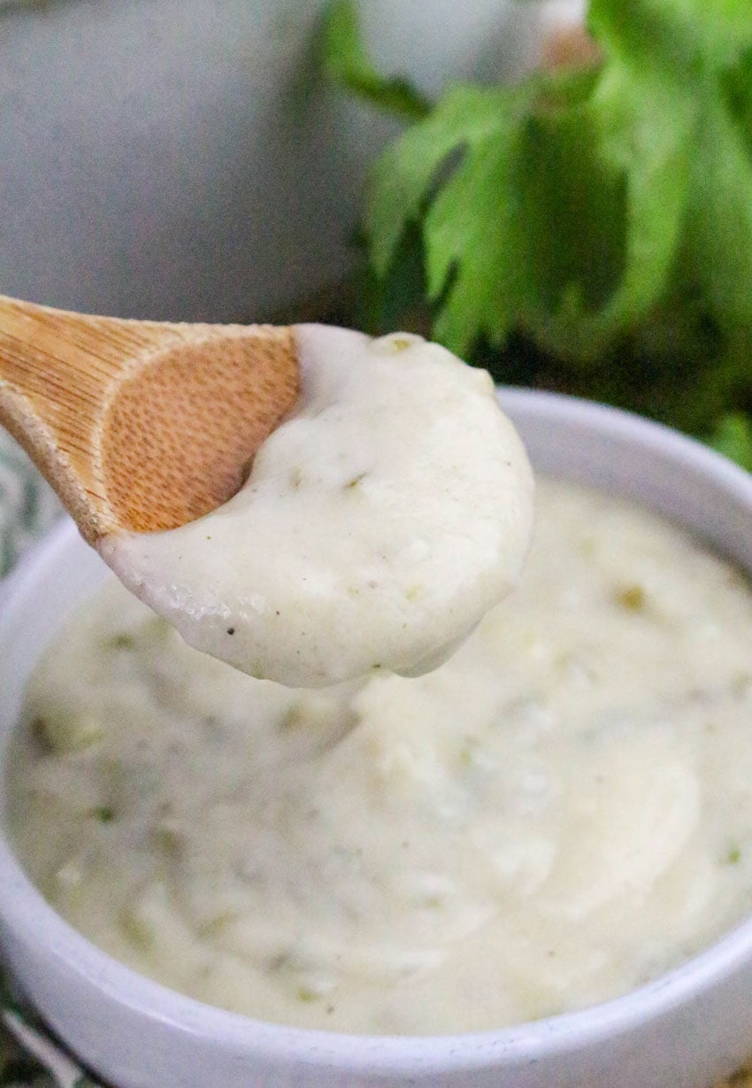 a wooden spoon holding up a scoop of homemade condensed cream of celery soup