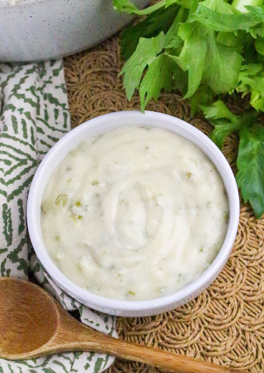 homemade condensed cream of celery soup in a small white bowl