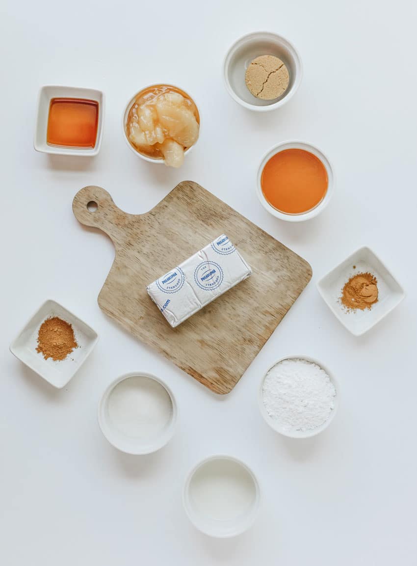 an overhead image showing the measured ingredients needed to make apple pie smoked cream cheese dip