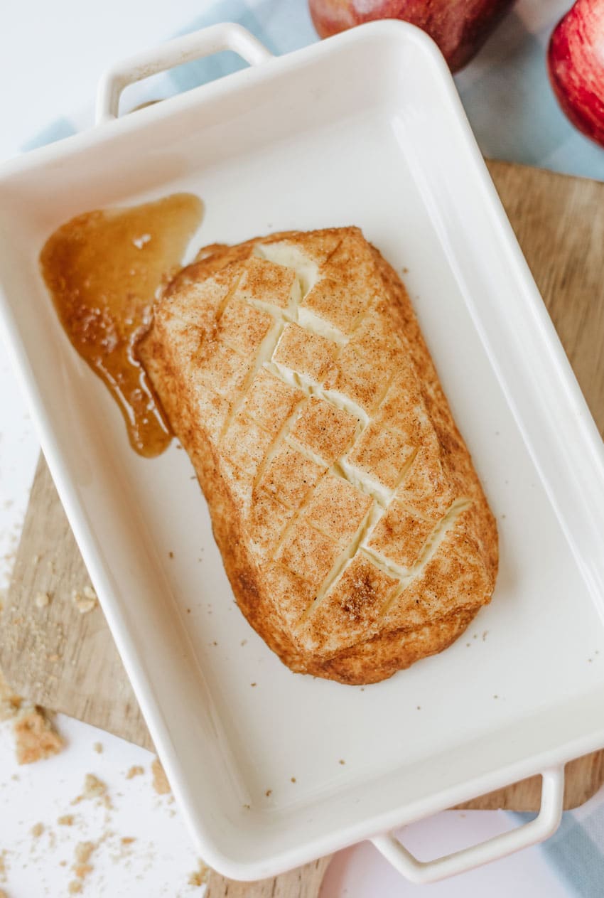 smoked cream cheese in a white baking dish
