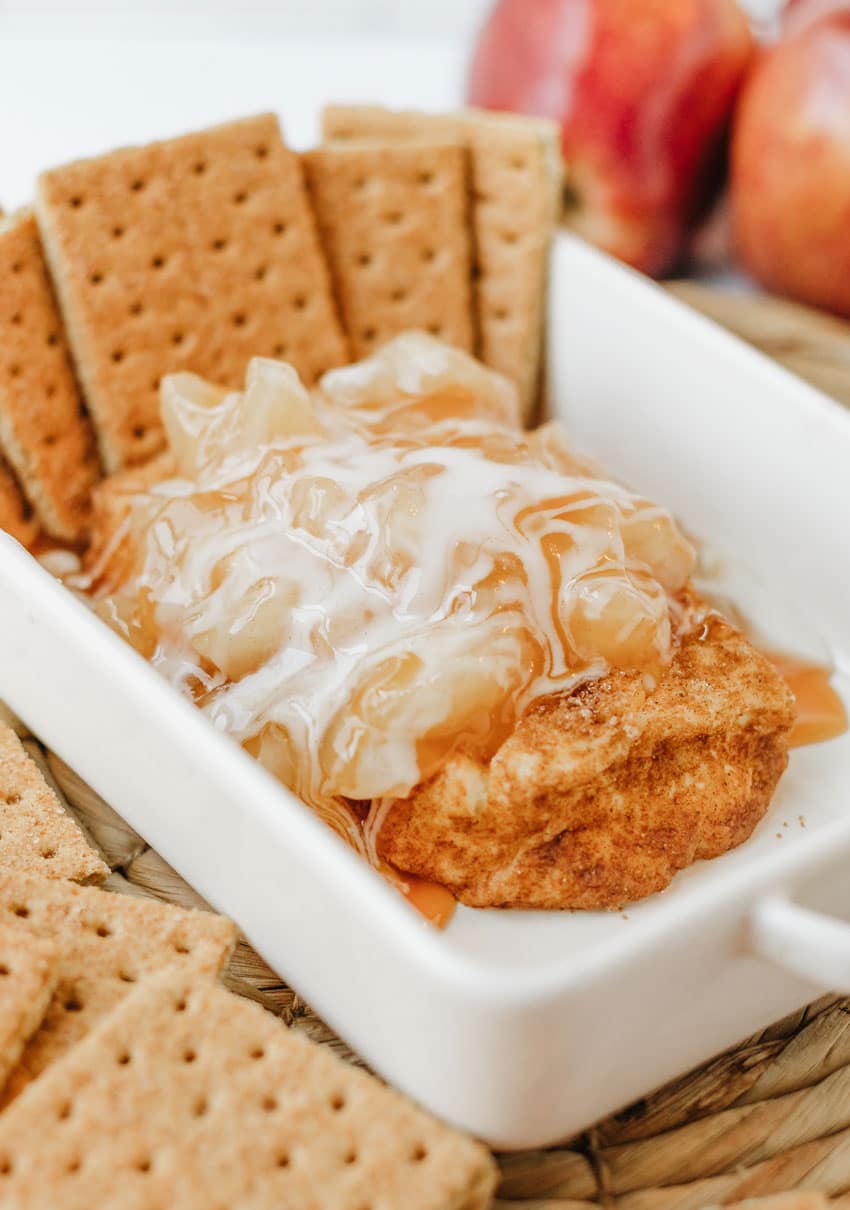 apple pie smoked cream cheese dip in a white serving dish
