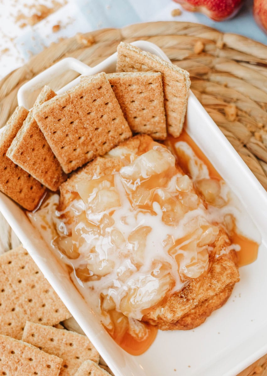 apple pie smoked cream cheese dip in a white serving dish