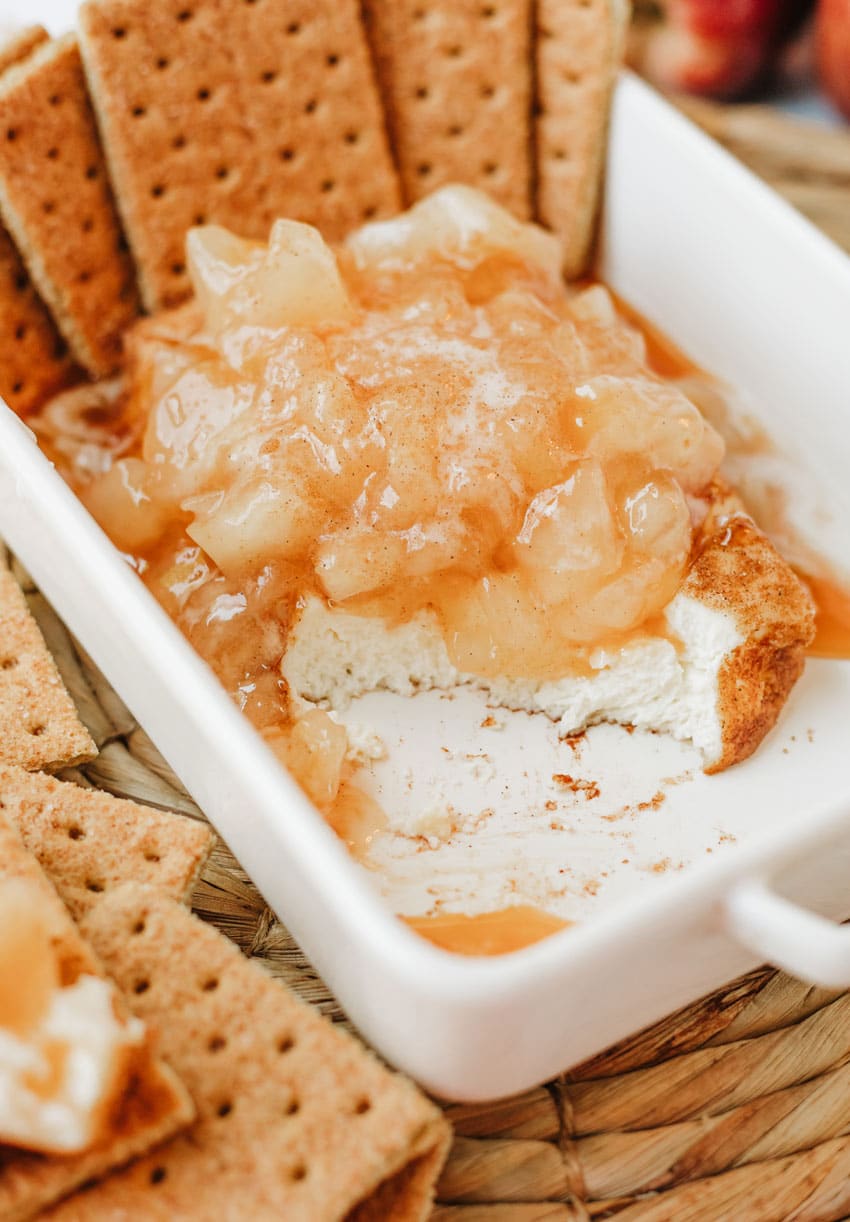 apple pie smoked cream cheese dip in a white serving dish