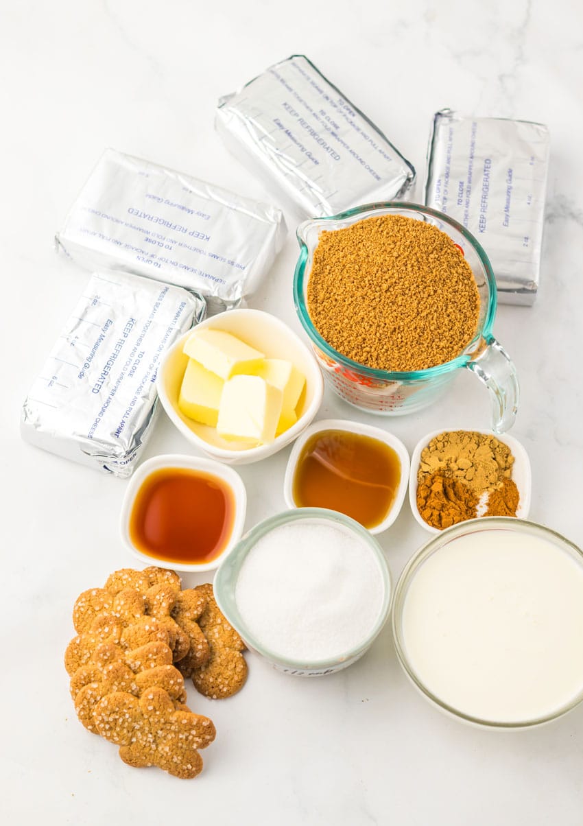 an overhead image showing the measured ingredients needed to make a homemade no bake gingerbread cheesecake