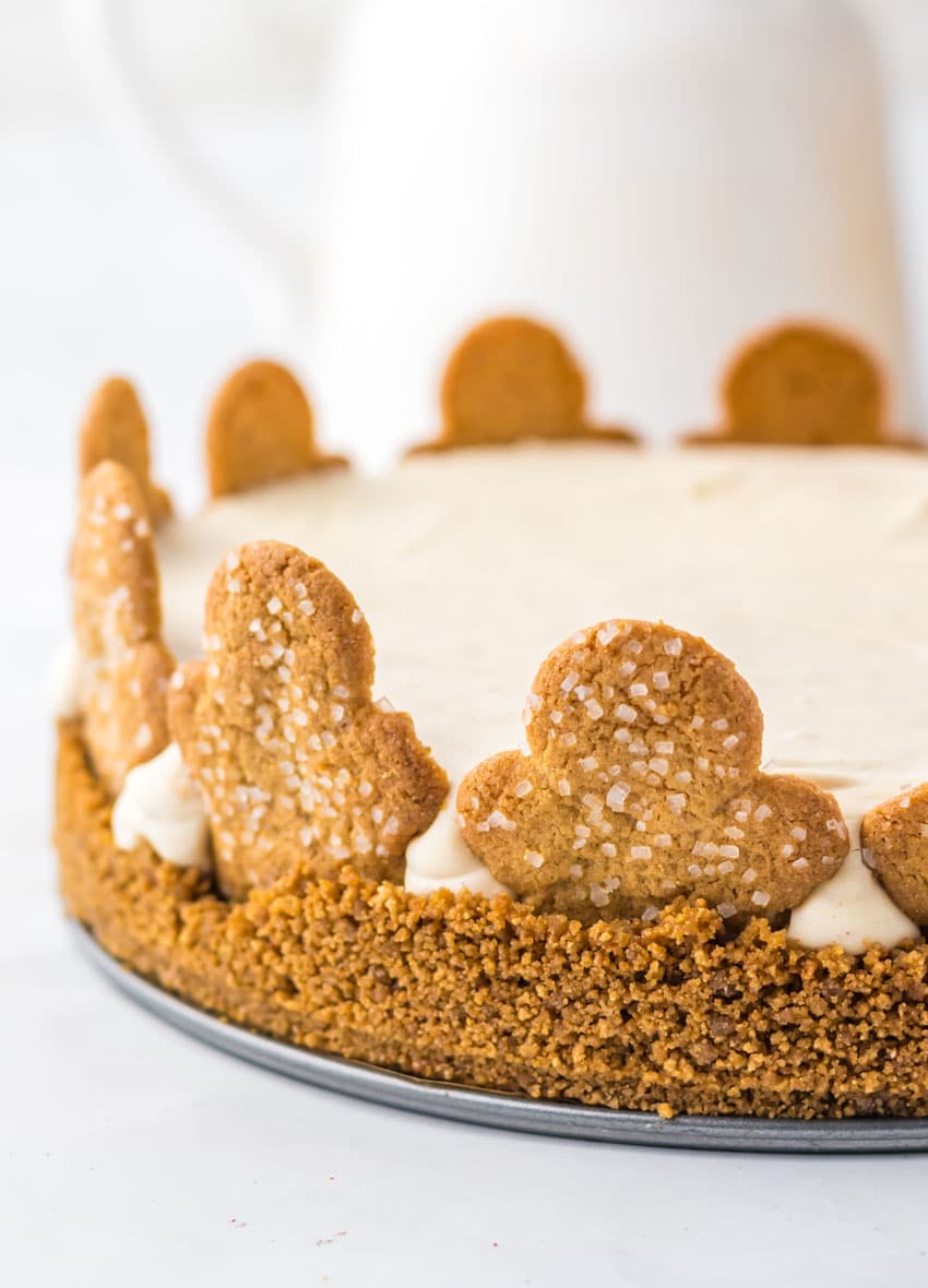a close up of a homemade no bake gingerbread cheesecake