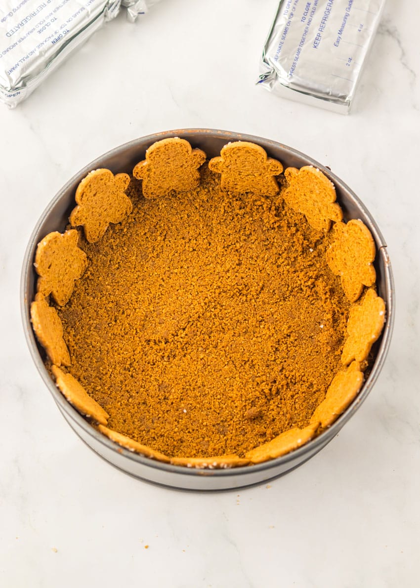 a homemade gingerbread cheesecake crust in a metal springform pan
