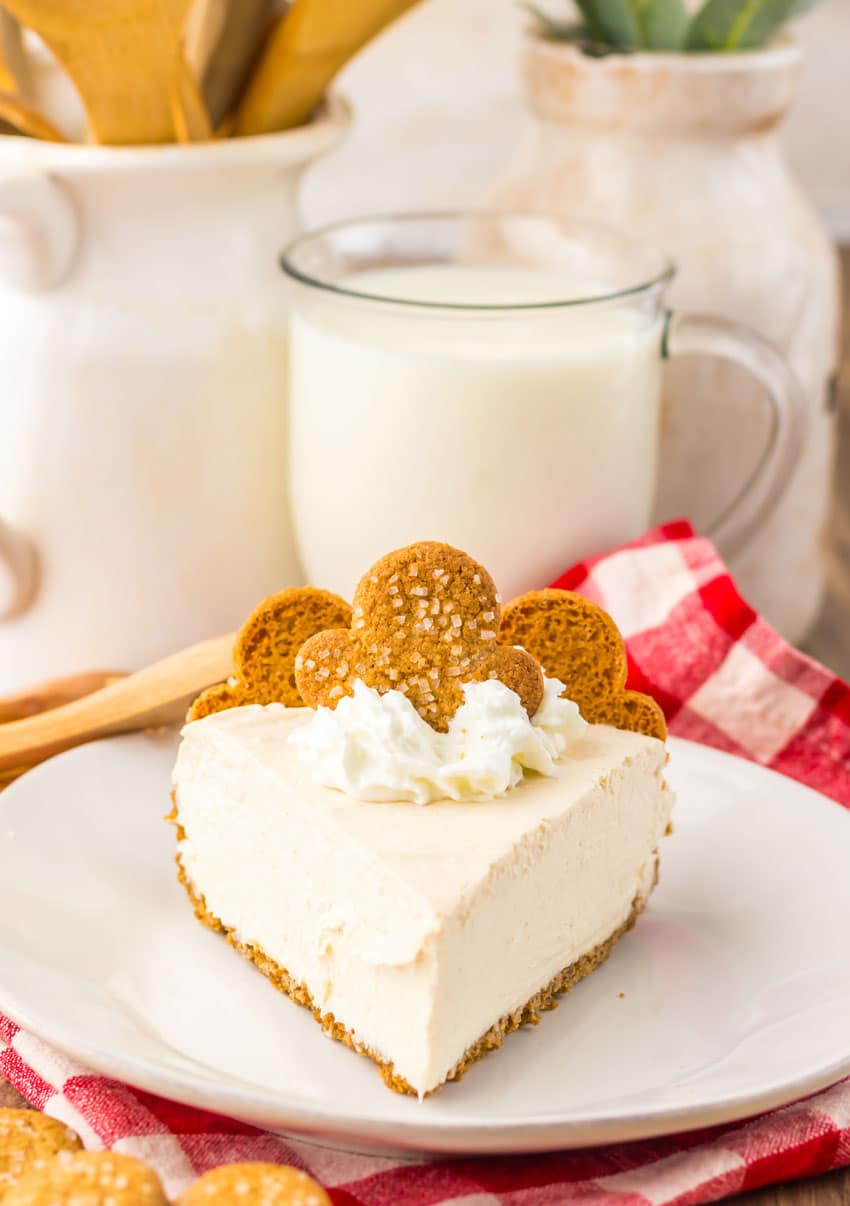 a slice of no bake gingerbread cheesecake on a white plate