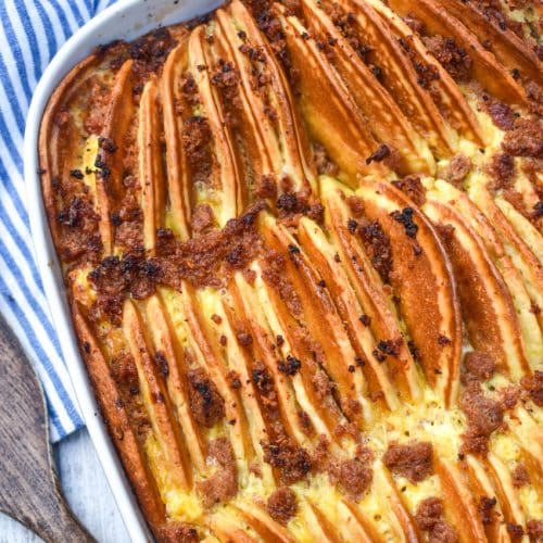 sausage and pancake casserole in a white baking dish