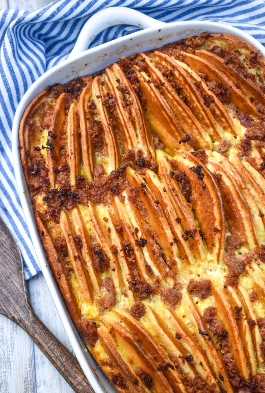 sausage and pancake casserole in a white baking dish