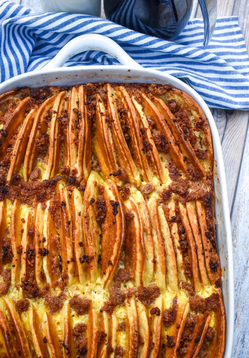 sausage and pancake casserole in a white baking dish
