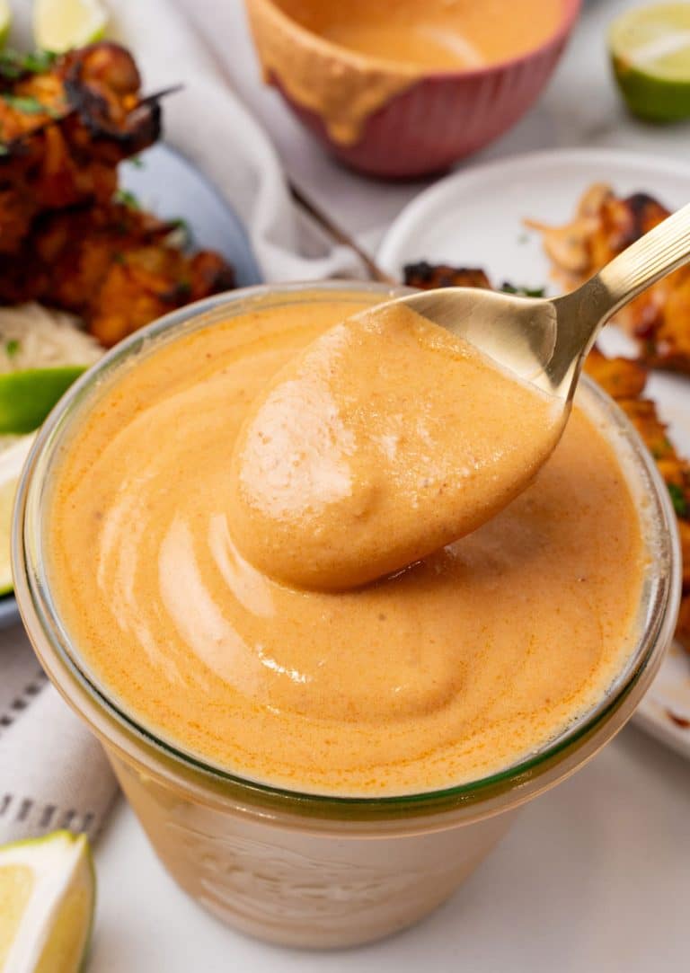 homemade peanut sauce in a small glass jar