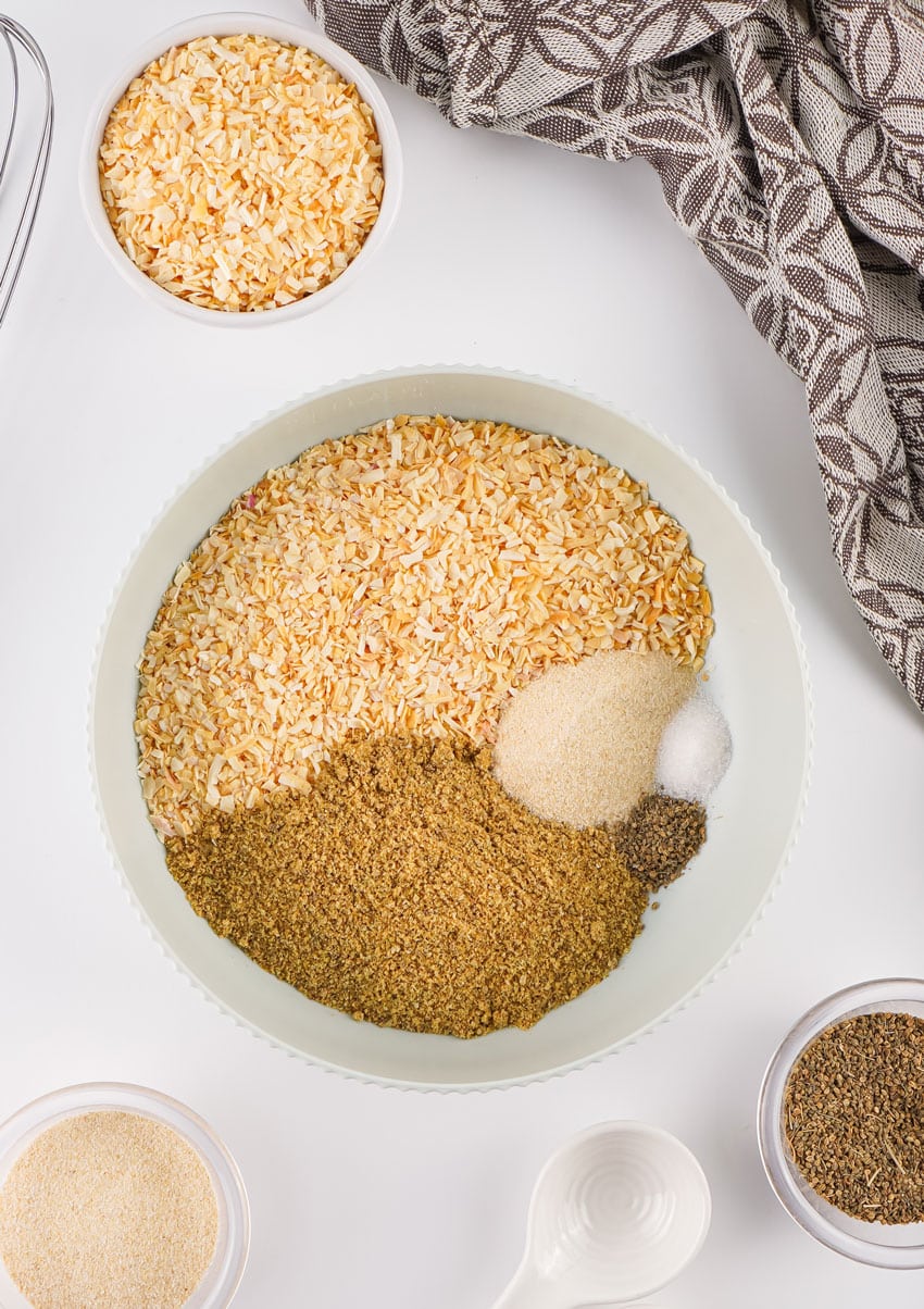 homemade lipton onion soup mix ingredients in a shallow white bowl