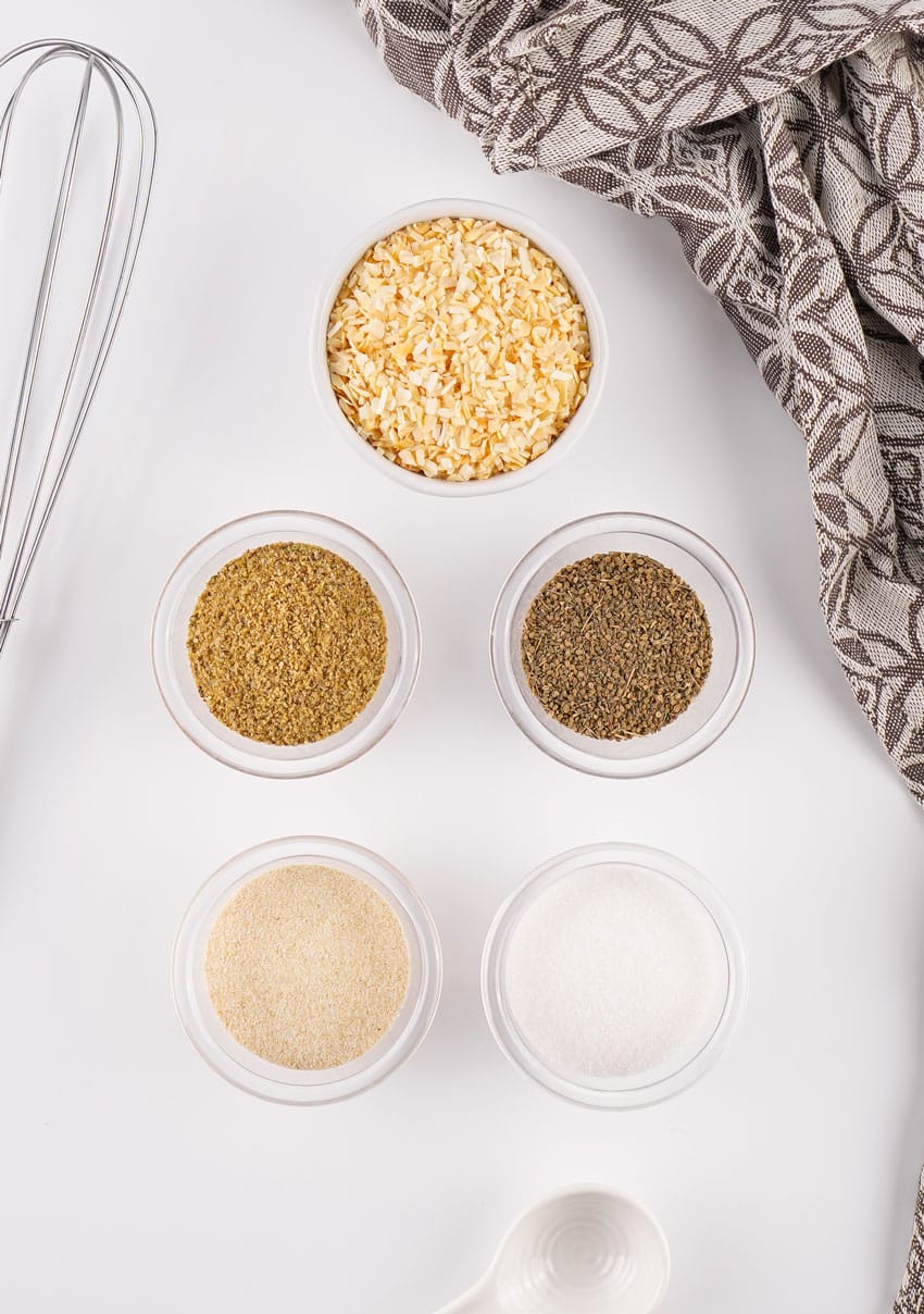 an overhead image showing the measured ingredients needed to make a batch of lipton onion soup mix