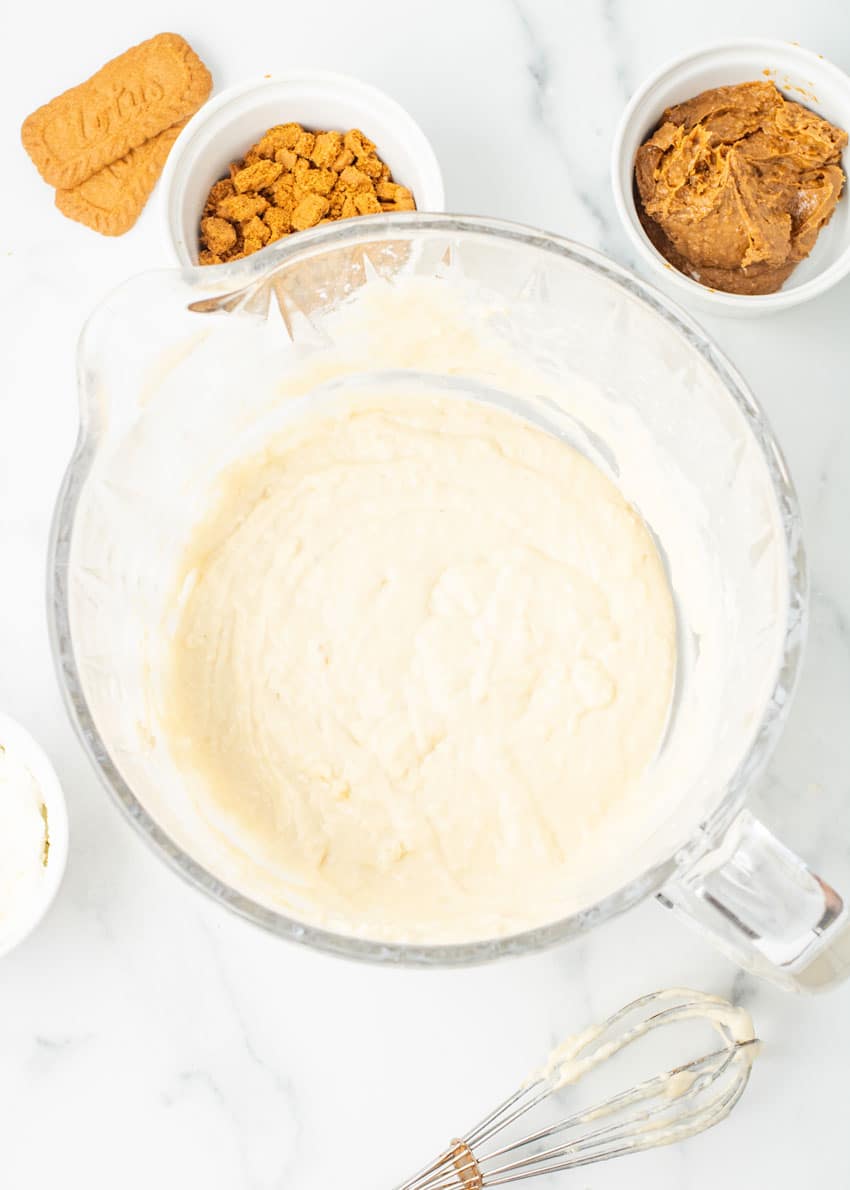 homemade pancake batter in a glass mixing bowl