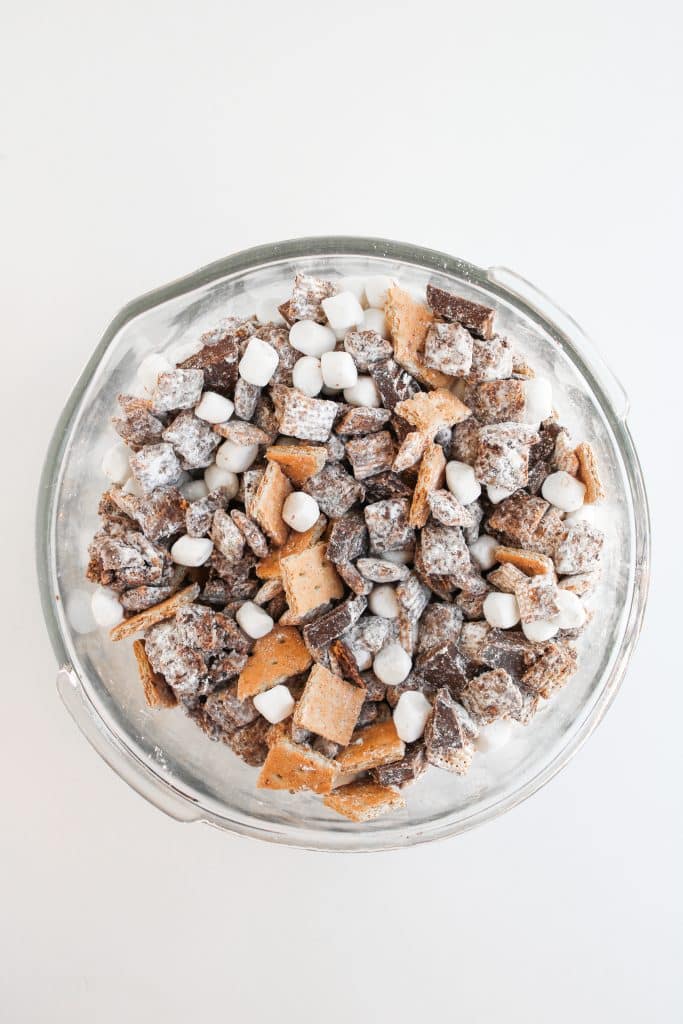homemade s'mores muddy buddies in a glass bowl