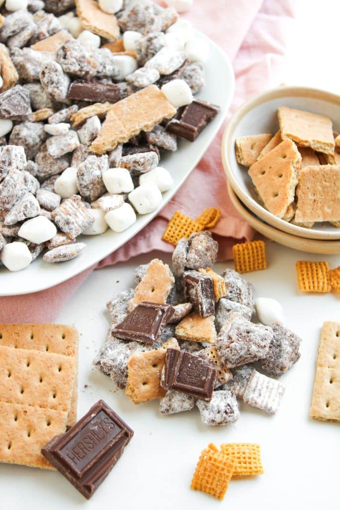 homemade s'mores muddy buddies on a white countertop