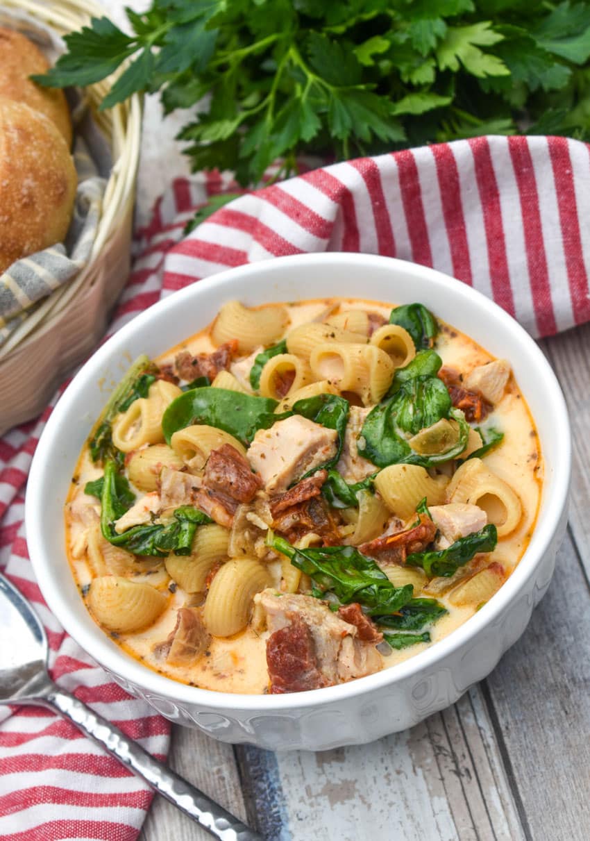 marry me chicken soup in a small white bowl