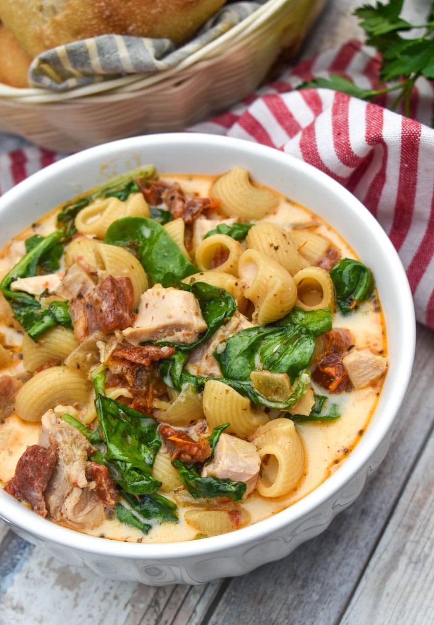 marry me chicken soup in a small white bowl