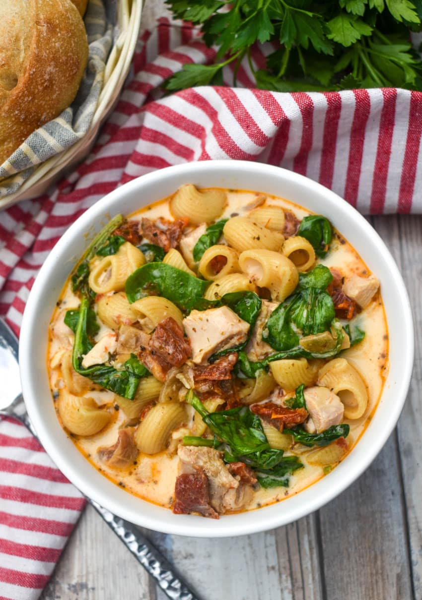 marry me chicken soup in a small white bowl