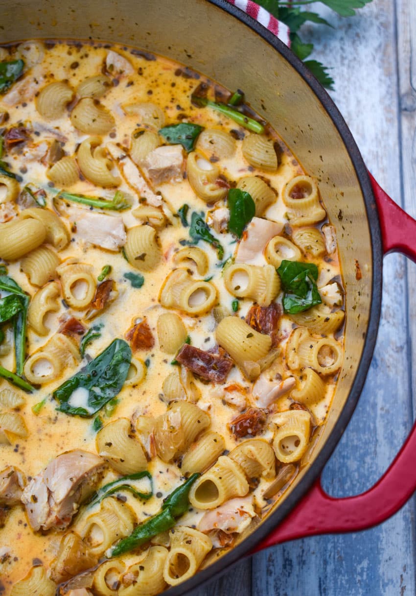 marry me chicken soup in a large red dutch oven