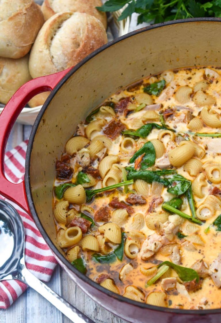 marry me chicken soup in a large red dutch oven