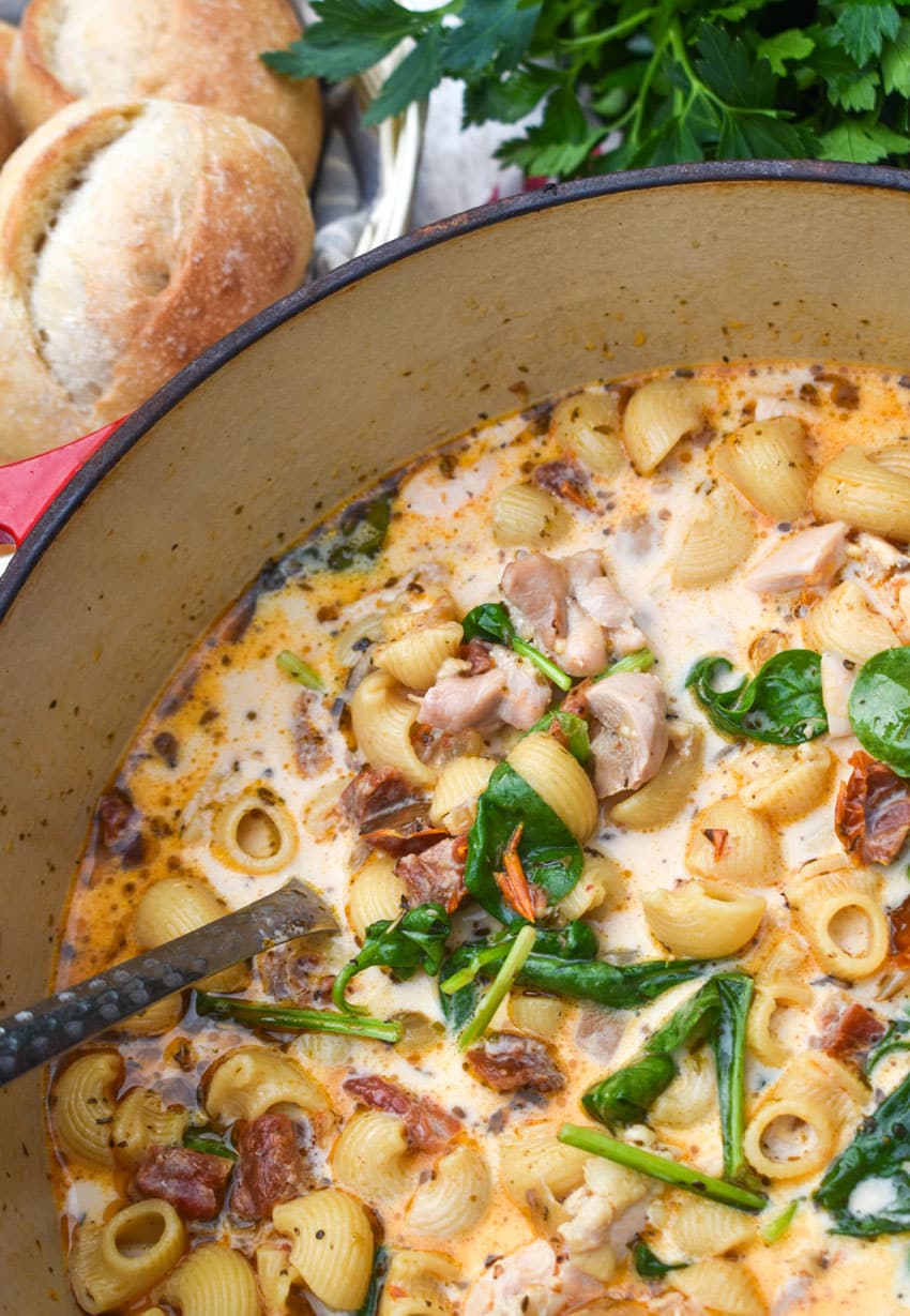 marry me chicken soup in a large red dutch oven